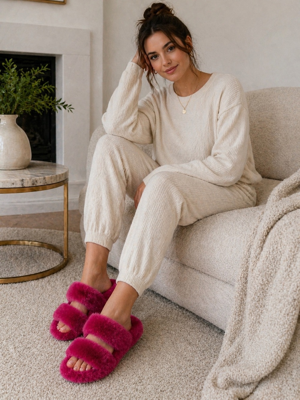 Family Fairy Fuzzy Slide Slippers - Burgundy